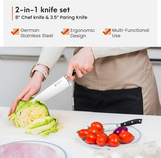 Spartali & Company 2-Piece Chef & Paring Knife Set – 8” Chef Knife and 3.5” Paring Knife – High Carbon German Stainless Steel Blades, Ergonomic Grip – Professional Cutlery Duo for Everyday Meal Prep.