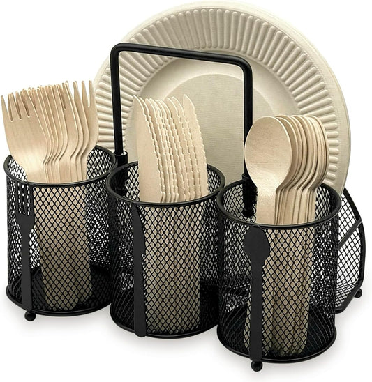 DysanVica Utensil Caddy Silverware Holder - 4 Compartment Metal Mesh Cutlery Fork Spoon Napkin Plate Organizer Flatware Storage Basket Party Kitchen Countertop Buffet Picnic Camping Outdoor BBQ Black