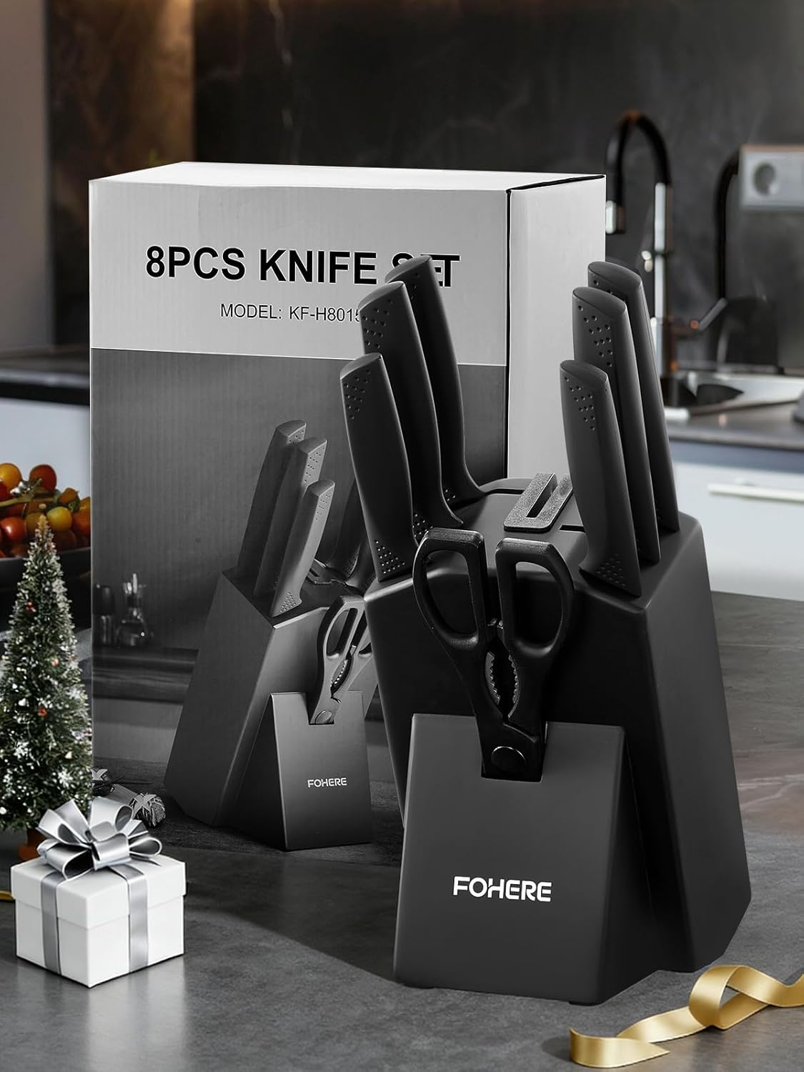 Knife Set FOHERE 8 Pieces Kitchen Knives Set with Block High Carbon Stainless Steel Self-Sharpening Knife Block Set with Built-in Sharpener, Black