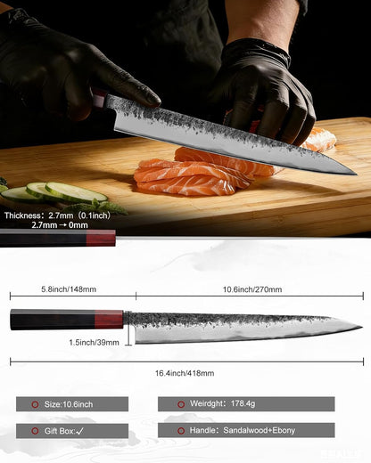 kanngou Sushi Knife 27cm Japanese Carving Knife, AUS-8 Steel Sujihiki Sashimi Knives for Fish Filleting and Meat Slicing, Double Edge Yanagiba Knives with Premium Gift Box