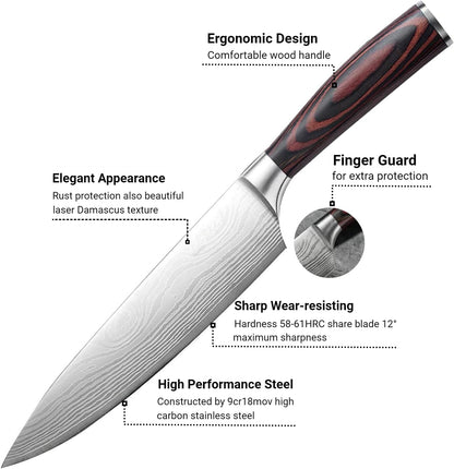 3 Pieces Knife Set, High Carbon Stainless Steel Professional Kitchen Knife Set, Ultra Sharp Chef Knives Sets with Ergonomic Wooden Handle