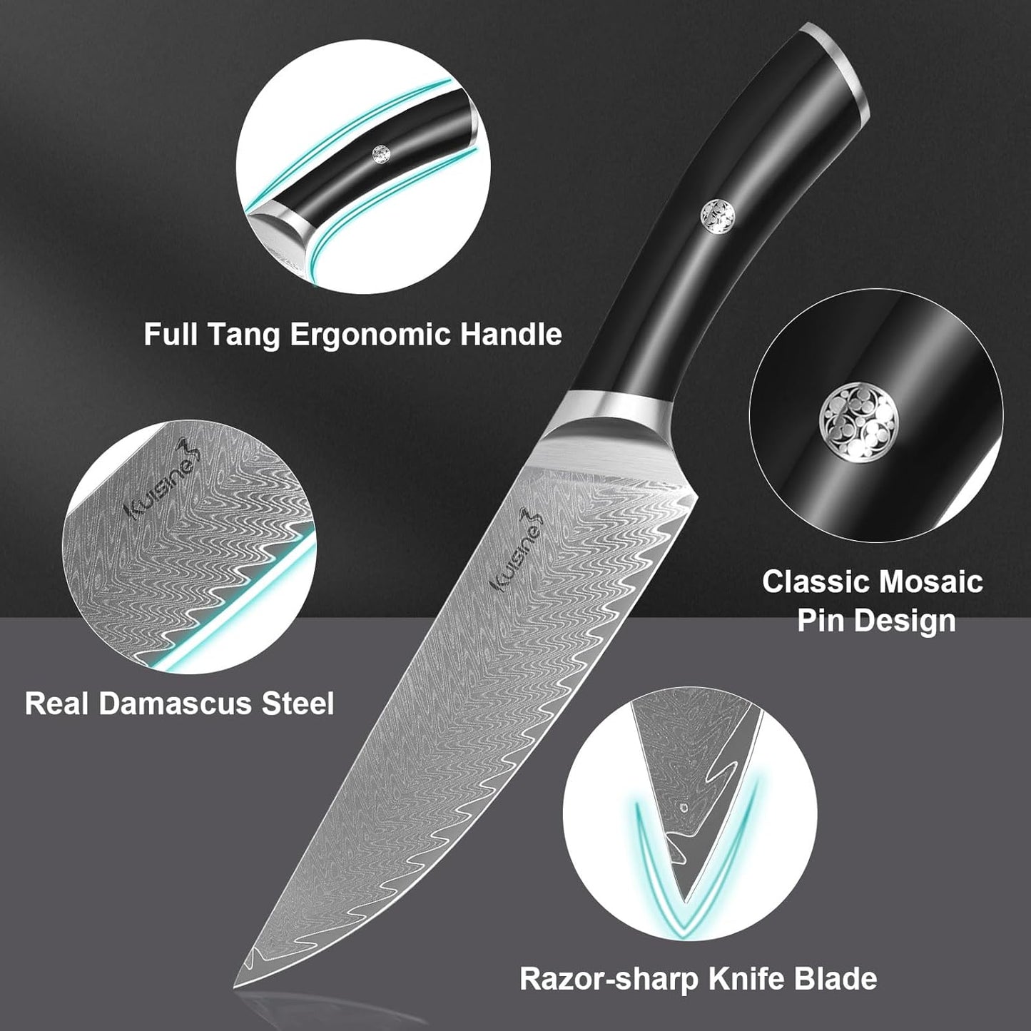 Kuisine Knife Set with Block and Sharpener, High Carbon Stainless Steel Chef Knife block Set for Kitchen（15 PCS Pro White）