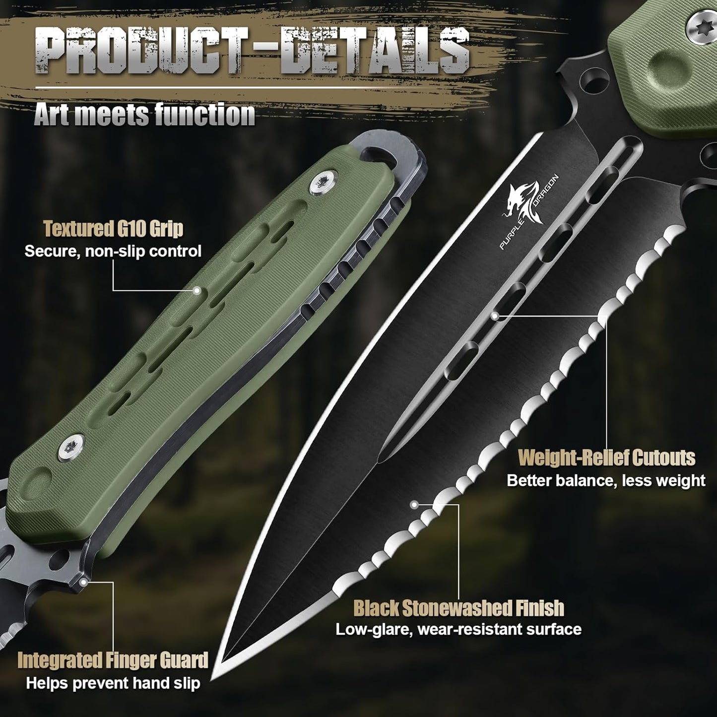 Purple Dragon Fixed Blade Knife with Kydex Sheath,440C Steel Full Tang Outdoor Utility Knife with G10 Handle for Camping, Hiking,Bushcraft & Outdoor Use-Black