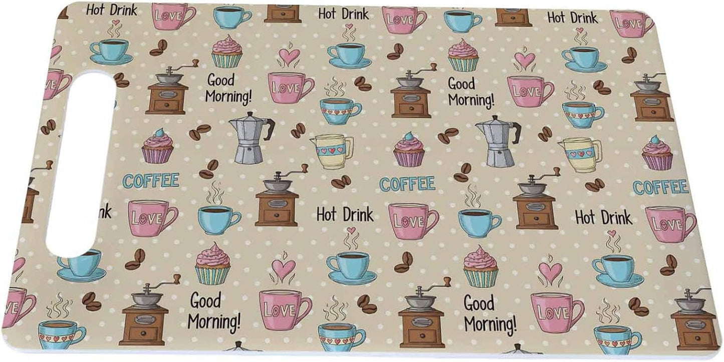 Coffee Set Cutting Board with Handles Coffee Maker Muffin Cup Flower Hot Drink Love Cutting Boards Plastic Safe Chopping Board for Kitchen 16" x 10" x 0.24"