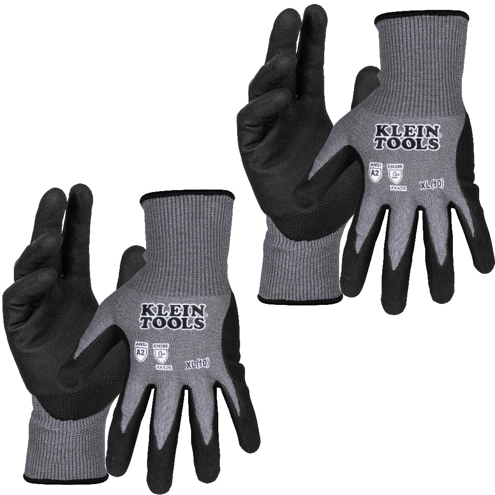 KLEIN TOOLS 60585 Work Gloves, Knit Dipped Cut Resistant ANSI A2 Nitrile Coated Gloves, HPPE Fabric, Touchscreen Capable, Large, 2-Pair