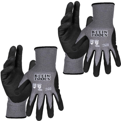 KLEIN TOOLS 60585 Work Gloves, Knit Dipped Cut Resistant ANSI A2 Nitrile Coated Gloves, HPPE Fabric, Touchscreen Capable, Large, 2-Pair
