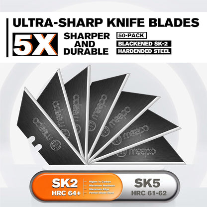 M MEEPO 50-Pack Utility Knife Blades, Titanium Fully Plated, Durable SK-2 Razor Blades for Utility Knife Box Cutter, Never Rust, Extra Durable