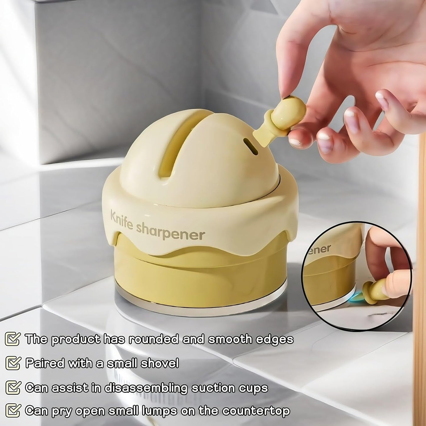 Ice Cream Shaped Knife Sharpener,Cream Yellow,Ceramic V-Groove,6.5x2.6 Inch Portable Knife&Scissor Sharpener with Non-Slip Base,Ceramic Wheels,Fast & Easy Tool for Kitchen,Camping