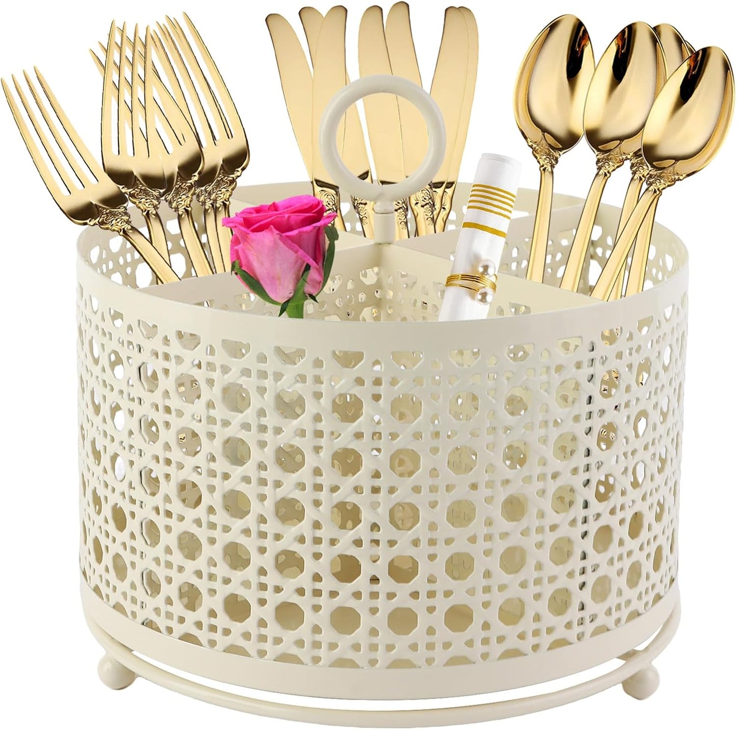 NelyBet 360° Rotating Utensil Caddy With Handle, Cutlery Silverware Caddy Holder Flatware Organizer with 4 Compartment For Kitchen Countertop Party Office Black