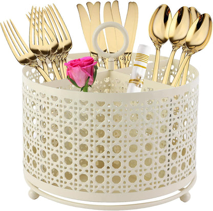 NelyBet 360° Rotating Utensil Caddy With Handle, Cutlery Silverware Caddy Holder Flatware Organizer with 4 Compartment For Kitchen Countertop Party Office Black
