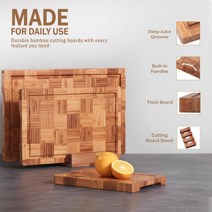 Bamboo Cutting Board Set of 3 in Large, XL and XXL Sizes, Heavy Duty Wooden Kitchen Boards, End Grain Butcher Block with Juice Groove, Durable Non-Slip Serving and Prep Boards