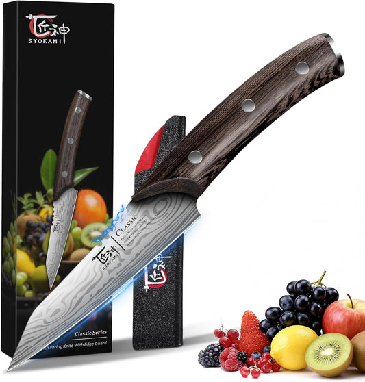SYOKAMI 4 inch Paring Knife with cover, chef knife, Japanese style High Carbon Stainless Steel Small Kitchen Knives for Fruit, Damascus Pattern Full Tang Design Ergonomic Wood Handle and Gift Case