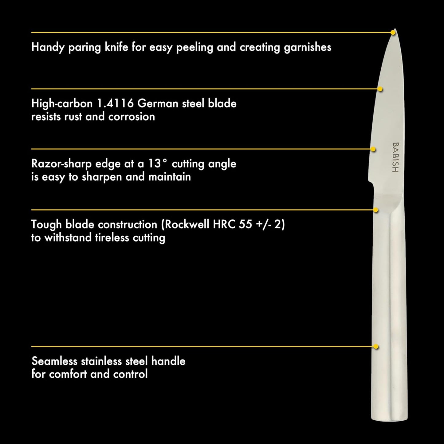 Babish 1.4116 German Stainless Steel Paring Knife – 3.5-Inch Precision Kitchen Knife for Peeling, Trimming & Prep Work, Full-Tang Blade