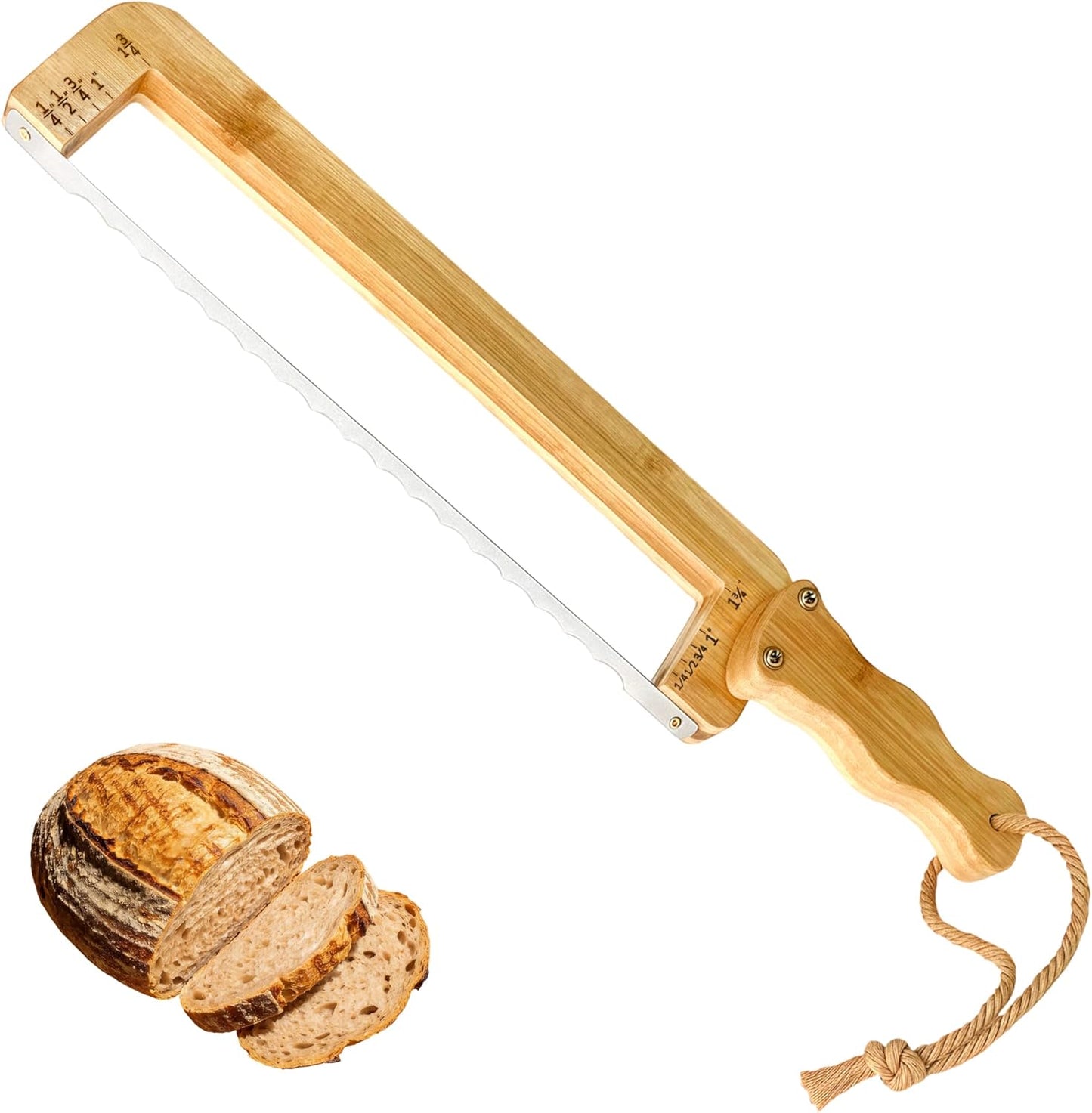 Bread Knife for Homemade Bread with 4 Thickness Guides & Ergonomic Offset Handle, Sourdough Slicer for Bagels and Baguettes, Bow Cutting Knife with Stainless Steel Serrated Saw