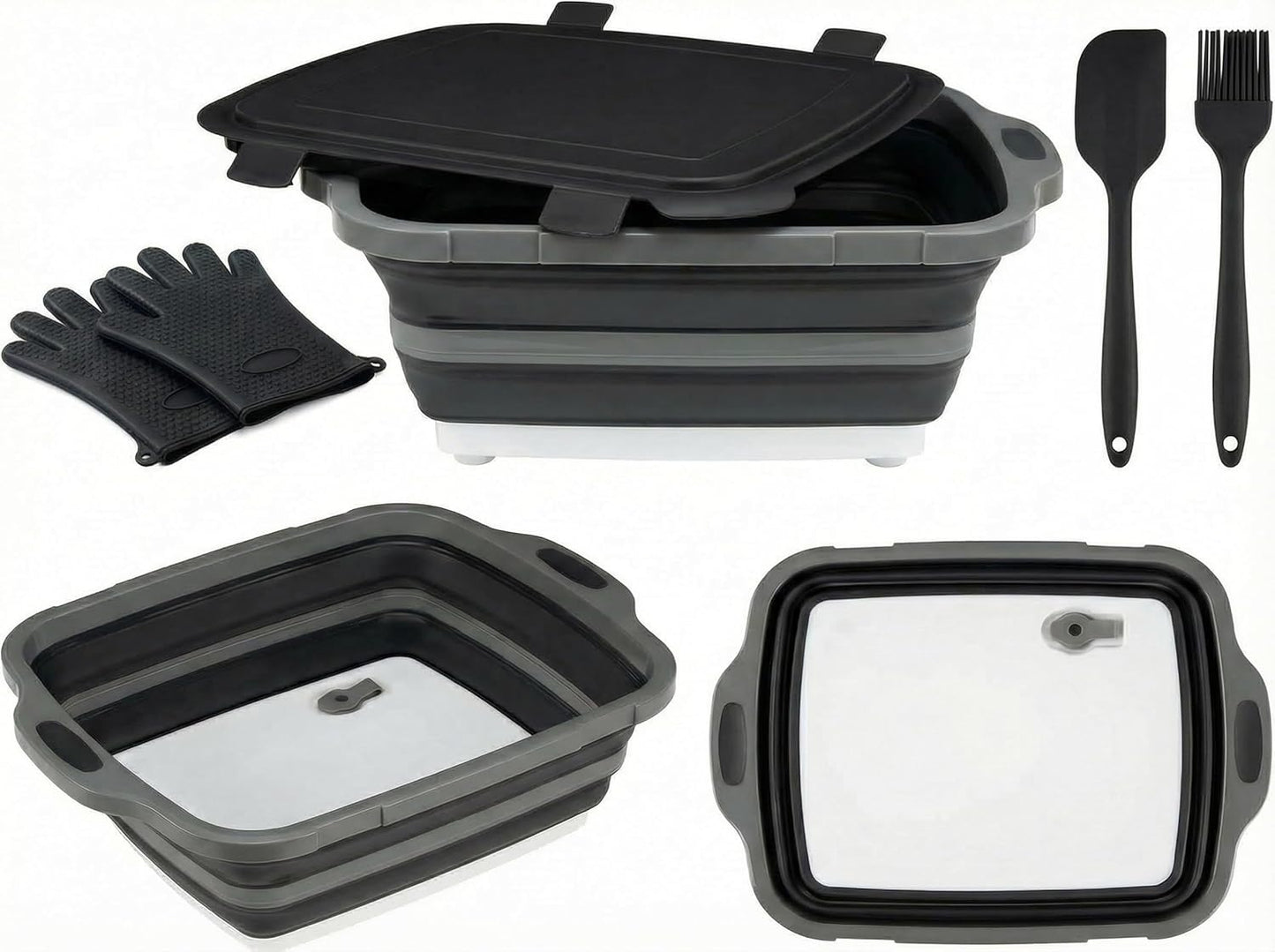 Collapsible BBQ Prep Tub with Lid & Cutting Board 8L - Meat Marinating Basin & Grill Carry System - 5pc Set with Heat Resistant Gloves, Basting Brush & Spatula(Orange, Large, 8L)