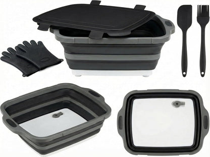 Collapsible BBQ Prep Tub with Lid & Cutting Board 8L - Meat Marinating Basin & Grill Carry System - 5pc Set with Heat Resistant Gloves, Basting Brush & Spatula(Orange, Large, 8L)
