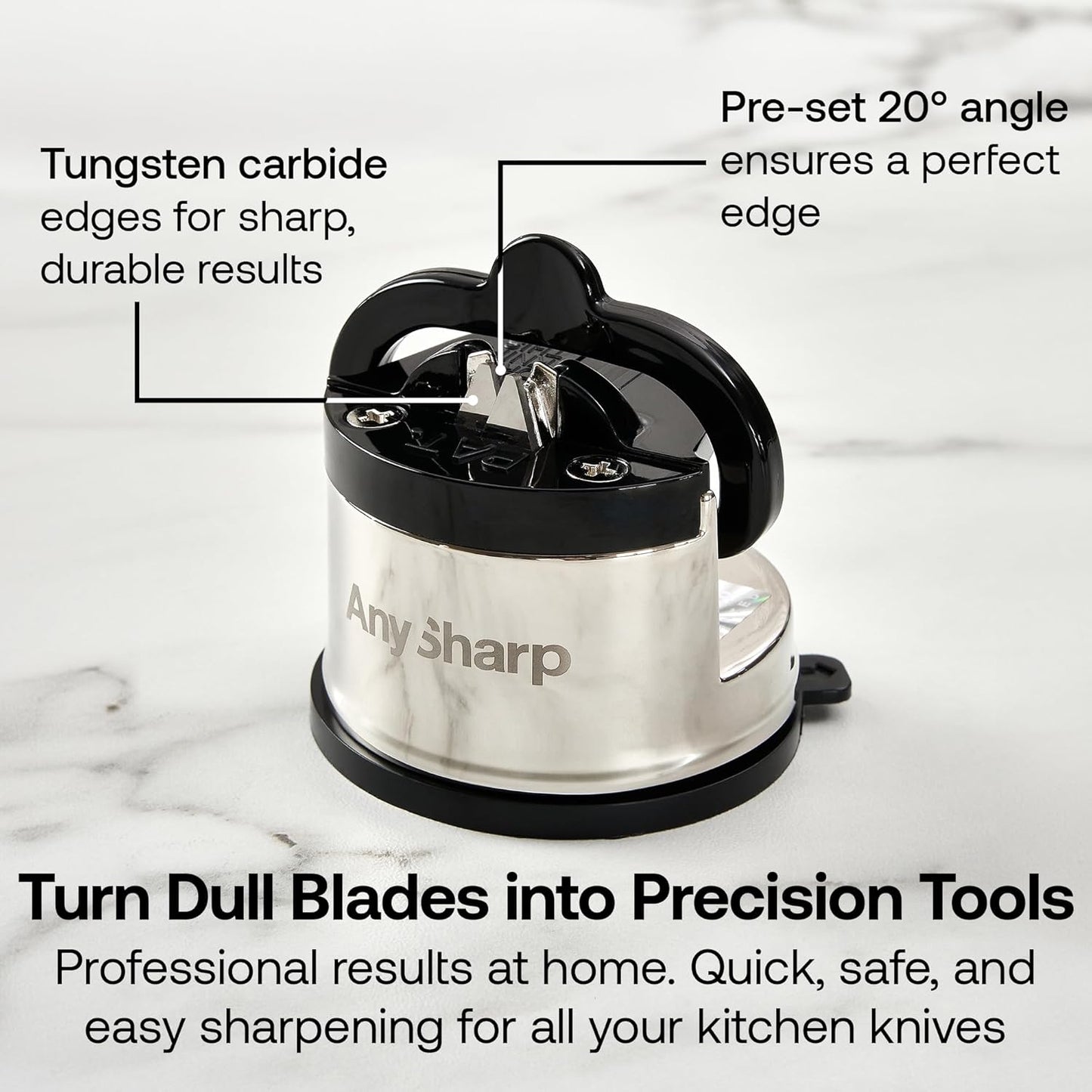 AnySharp – PRO – Hands Free Knife Sharpener - Easy to Use Sharpening Tool with PowerGrip Suction Base and 20-Degree Pre-set Angle - For All Knives: Chef’s, Serrated, and Hardened Steel - Metal