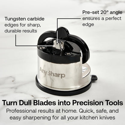 AnySharp – PRO – Hands Free Knife Sharpener - Easy to Use Sharpening Tool with PowerGrip Suction Base and 20-Degree Pre-set Angle - For All Knives: Chef’s, Serrated, and Hardened Steel - Metal