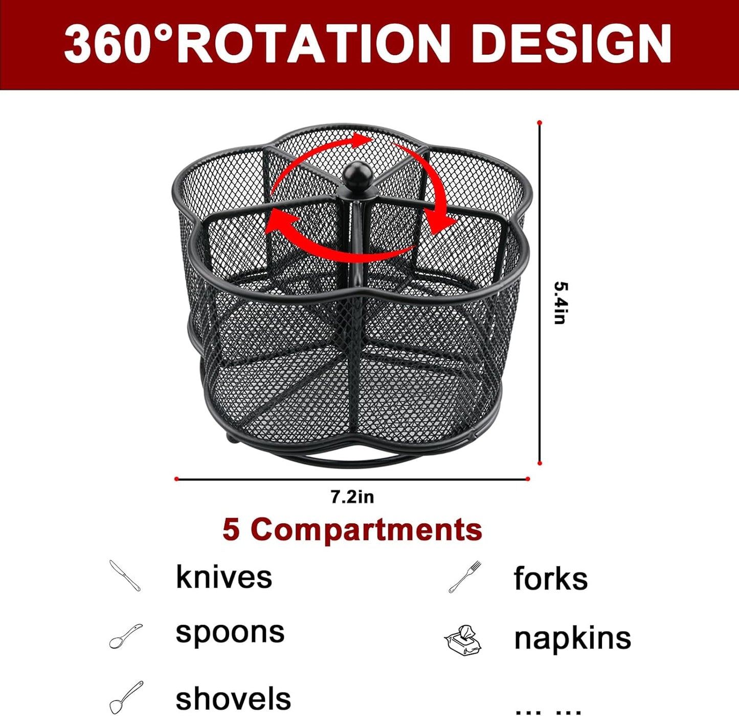 360° Rotating Silverware Utensil Caddy Holder - 5 Compartment Whirling Utensil Holder Kitchen Countertop Organizer for Spoon Fork Flatware Storage for Home or Outdoor Picnic Camping