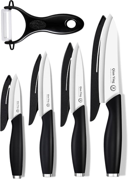 Ceramic Knife Set for Kitchen with Sheath: 100% Zirconia Pure Ceramic Sharp Blade Fruit Cutting Knives 9Pcs with Cover Rustproof Clean Cut Edge Black Handle, No Scratches on Titanium Cutting Boards