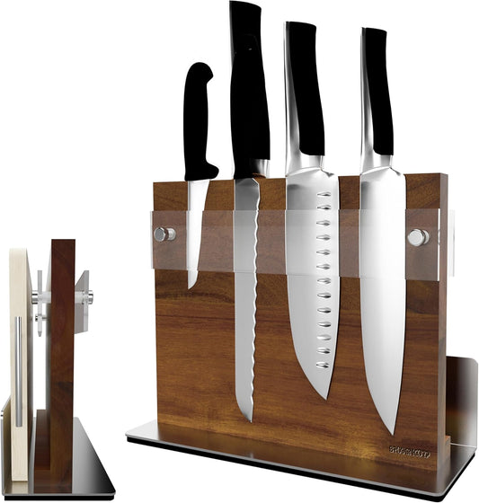 Brosisincorp 360° Rotating Magnetic Knife Block without Knives - Universal Holder for Counter Top with Removable Bristles, Acacia Wood