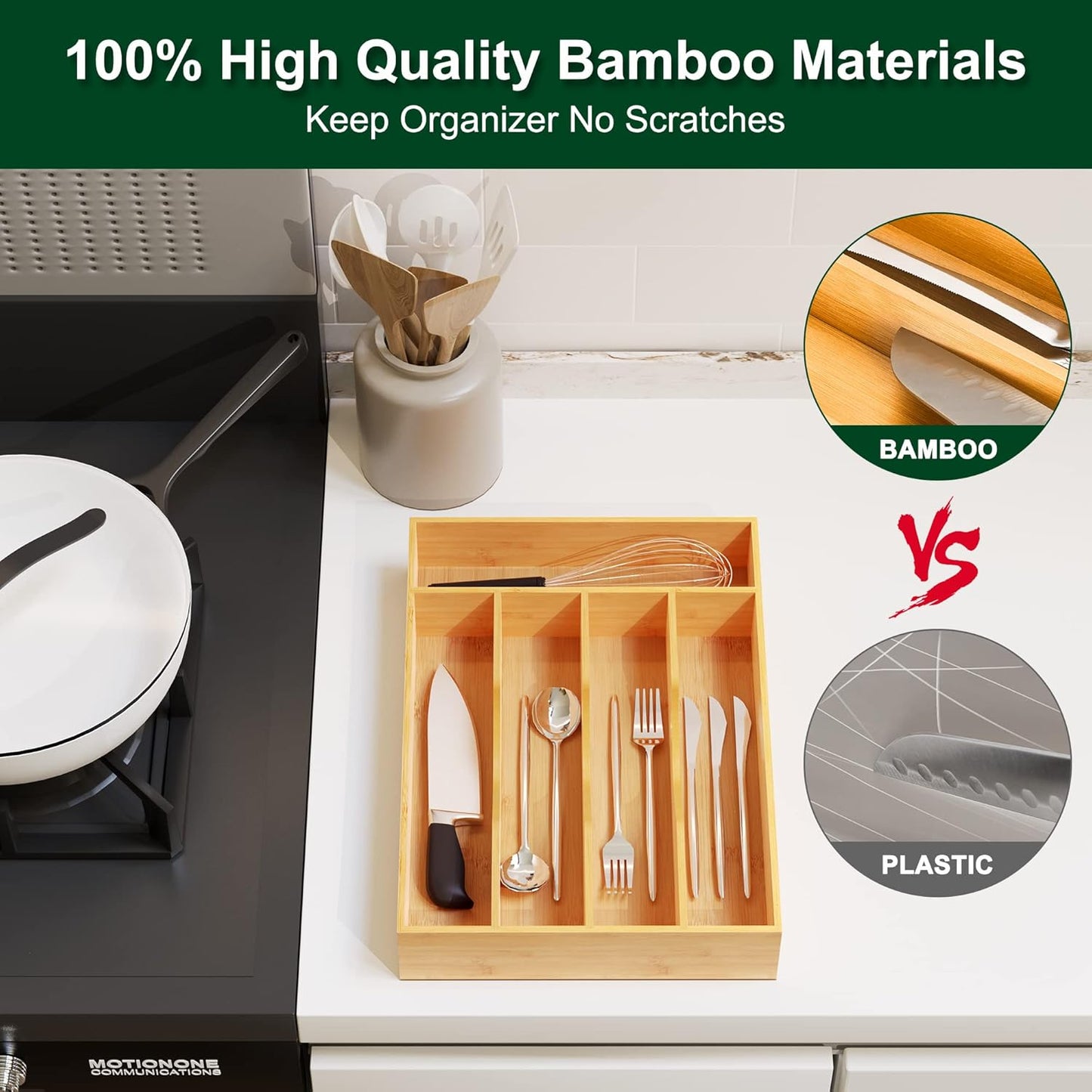 Bellsal Natural Utensil Organizer 12.5 Inch Silverware Organizer for Drawer Utensil Holder Cutlery Organizer Kitchen Drawer Organizer 7 Compartment Small Narrow Bamboo