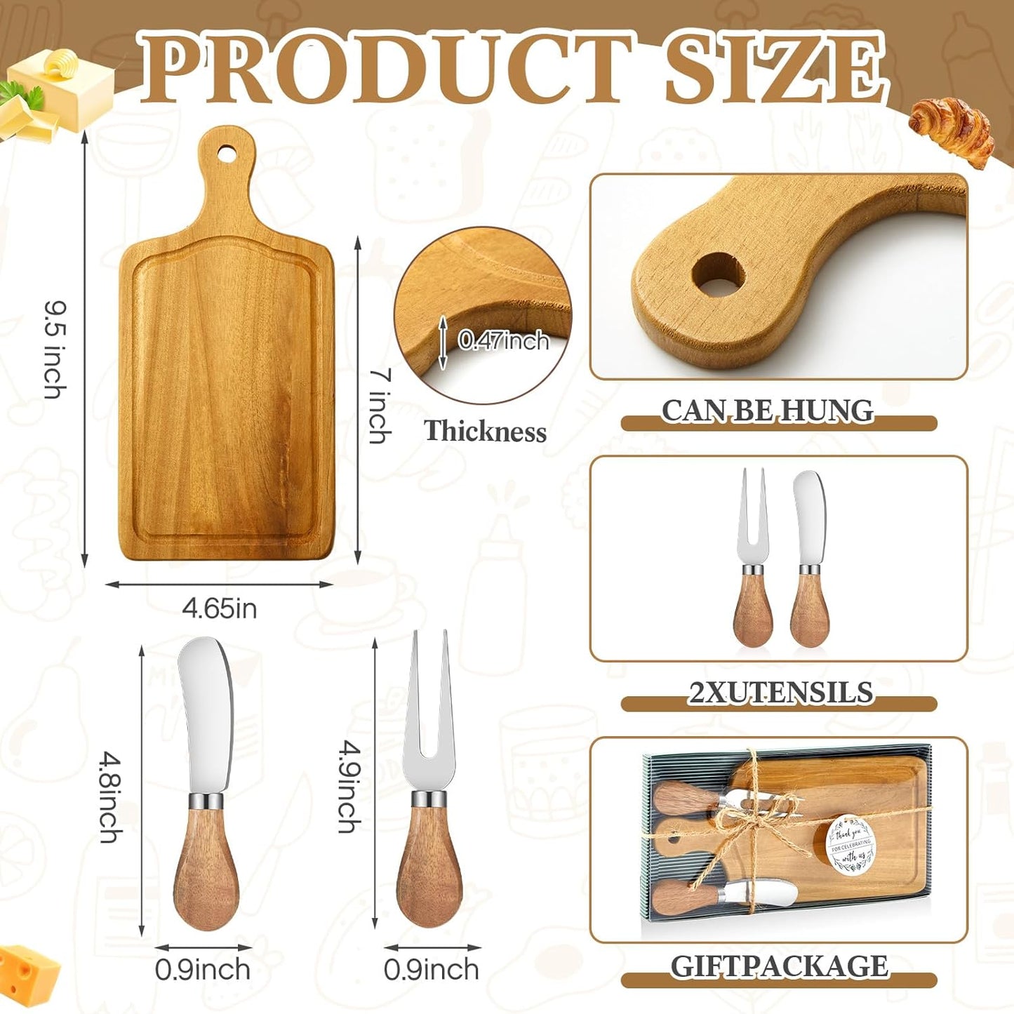 1 Set Bridal Baby Shower Cheese Prizes Wooden Square Board Gift Set Knives Forks Thank You Tags with Box for Guests for Valentines Bridal Baby Shower Housewarming Gifts (Bamboo Color)