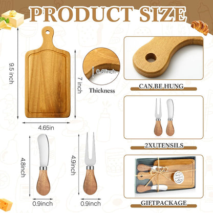 1 Set Bridal Baby Shower Cheese Prizes Wooden Square Board Gift Set Knives Forks Thank You Tags with Box for Guests for Valentines Bridal Baby Shower Housewarming Gifts (Bamboo Color)