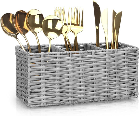 Ayiaren Wicker Flatware Silverware Caddy Cutlery Holder Kitchen Silverware Organizer Storage for Countertop Small Utensil Holders Party Table Spoon Knives Fork Holder Flatware Utensils Caddy Basket