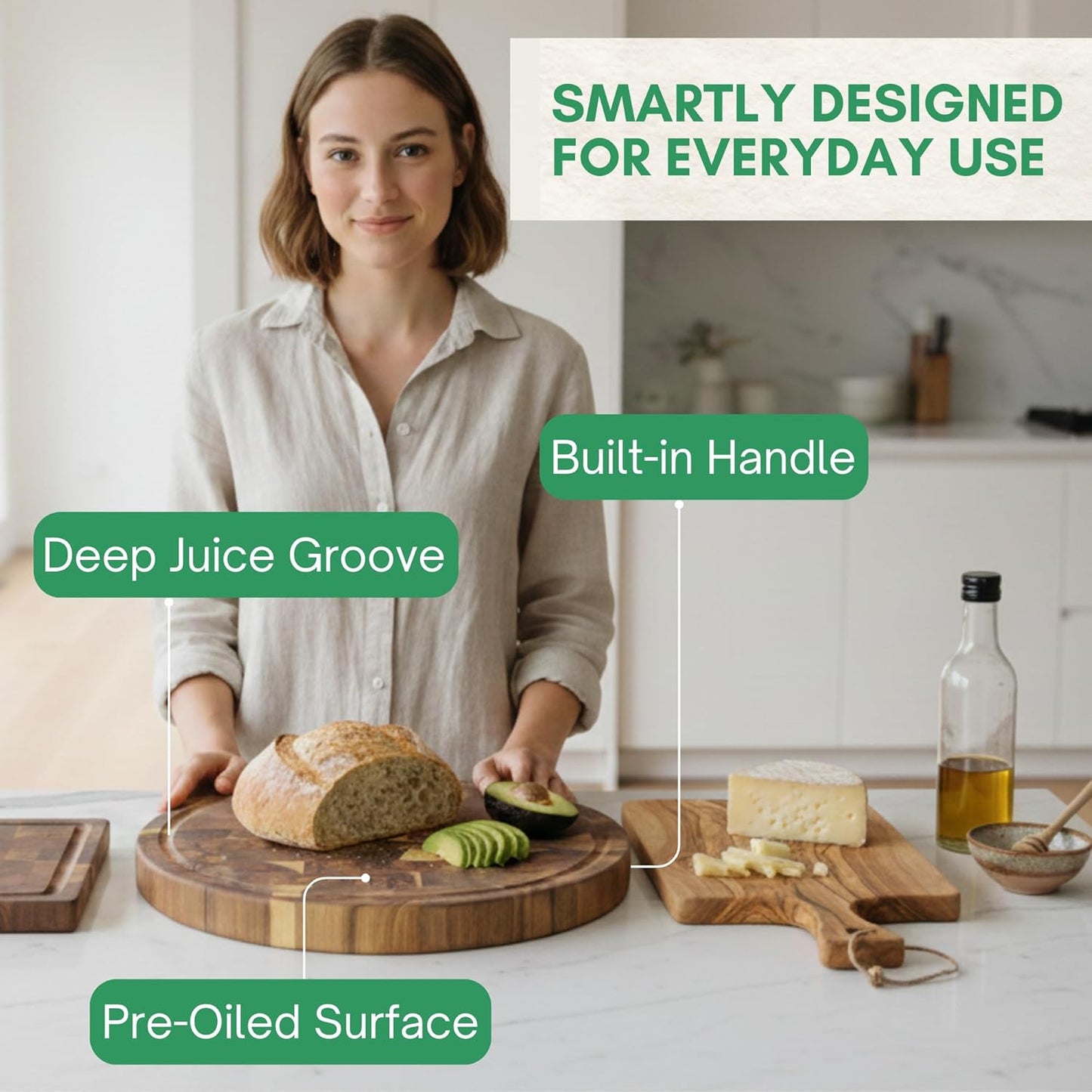 End Grain Acacia Wood Cutting Boards for Kitchen, 1.5 in Thick Butcher Block Construction for Stability, 15 x 10 in Medium Cutting Boards with Gift Box, Juice Groove and Handle
