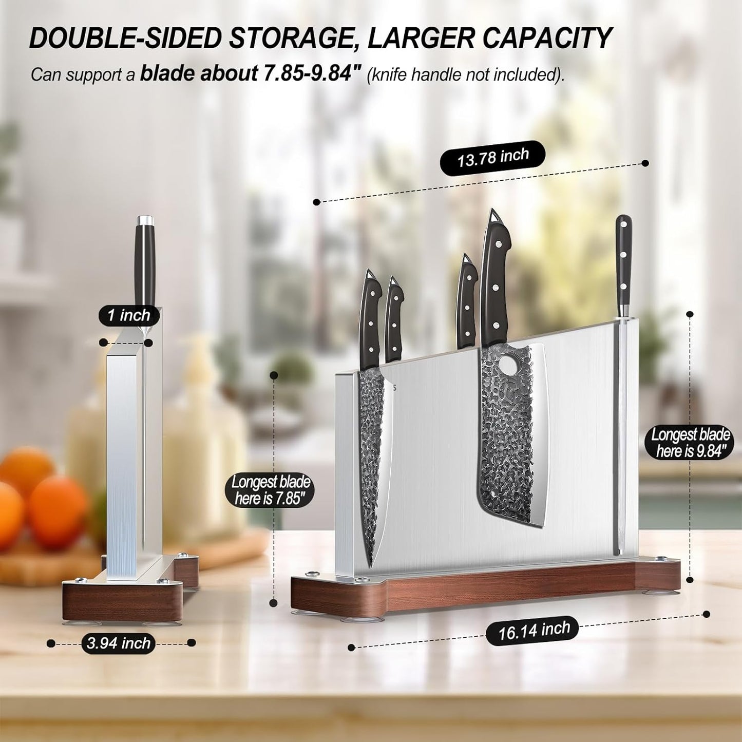 Magnetic Knife Holder, Stainless Steel Magnetic Knife Block without Knives, Strong Double Sided Magnet Knife Storage Strip with Wood Base for Kitchen Counter-Silver