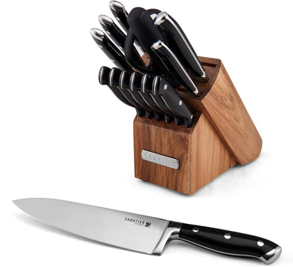 Sabatier 15-Piece Forged Triple Rivet Knife Block Set, High-Carbon Stainless Steel Kitchen Knives, Razor-Sharp Knife set with Acacia Wood Block, White Handles