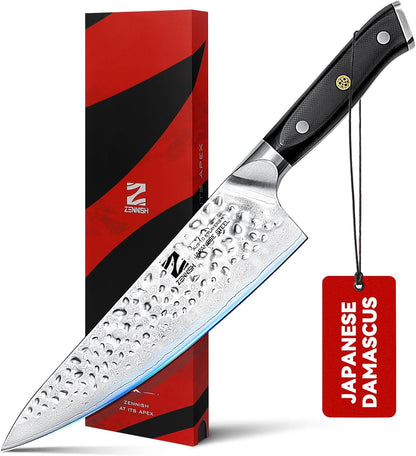 【Exclusive】 Gyuto Knife, 8 Inch Japanese Chef Knife, Handmade Forged 5-Layer VG10 High Carbon Steel, Hammered Finish Rust-Resistant Blade, Ergonomic Sandalwood G10 Handle Kitchen Knife with Gift Box