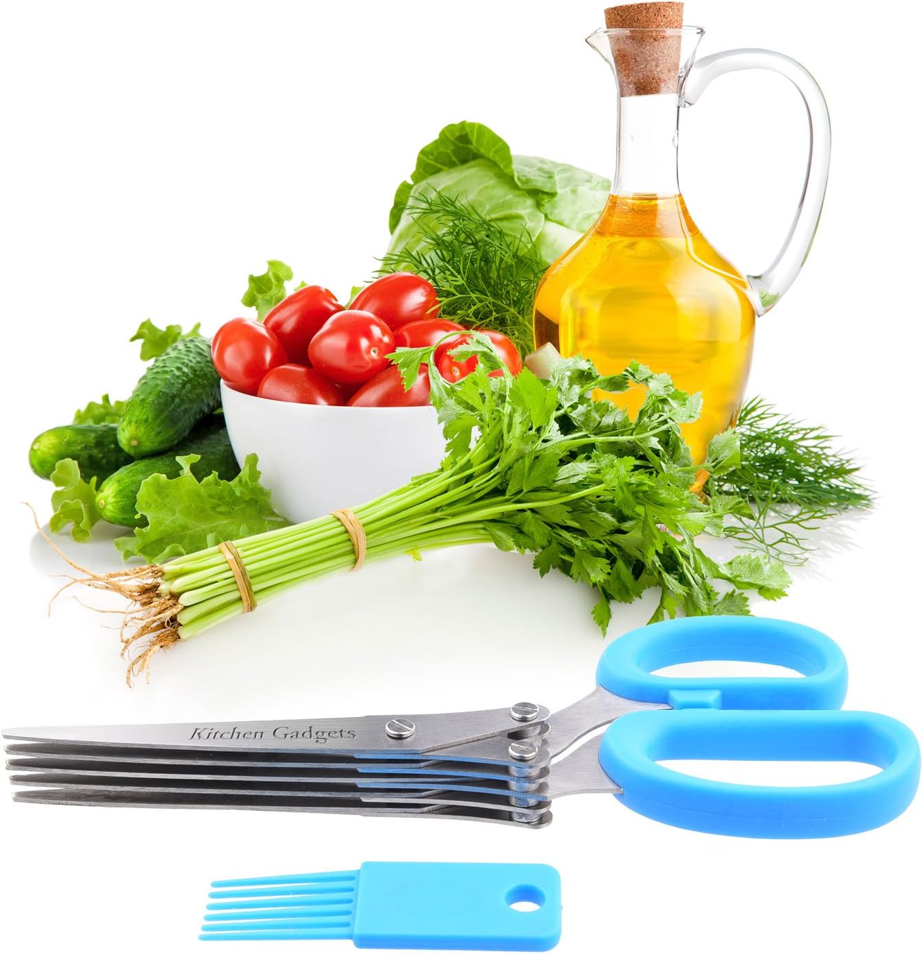 Herb Scissors - with Kitchen Gadgets Retail Package - Multipurpose Kitchen Shears - 5 Extremely Sharp Stainless Steel Blades - Handy Cleaning Comb - Multi Blade - Time-Saving - Chop Herbs
