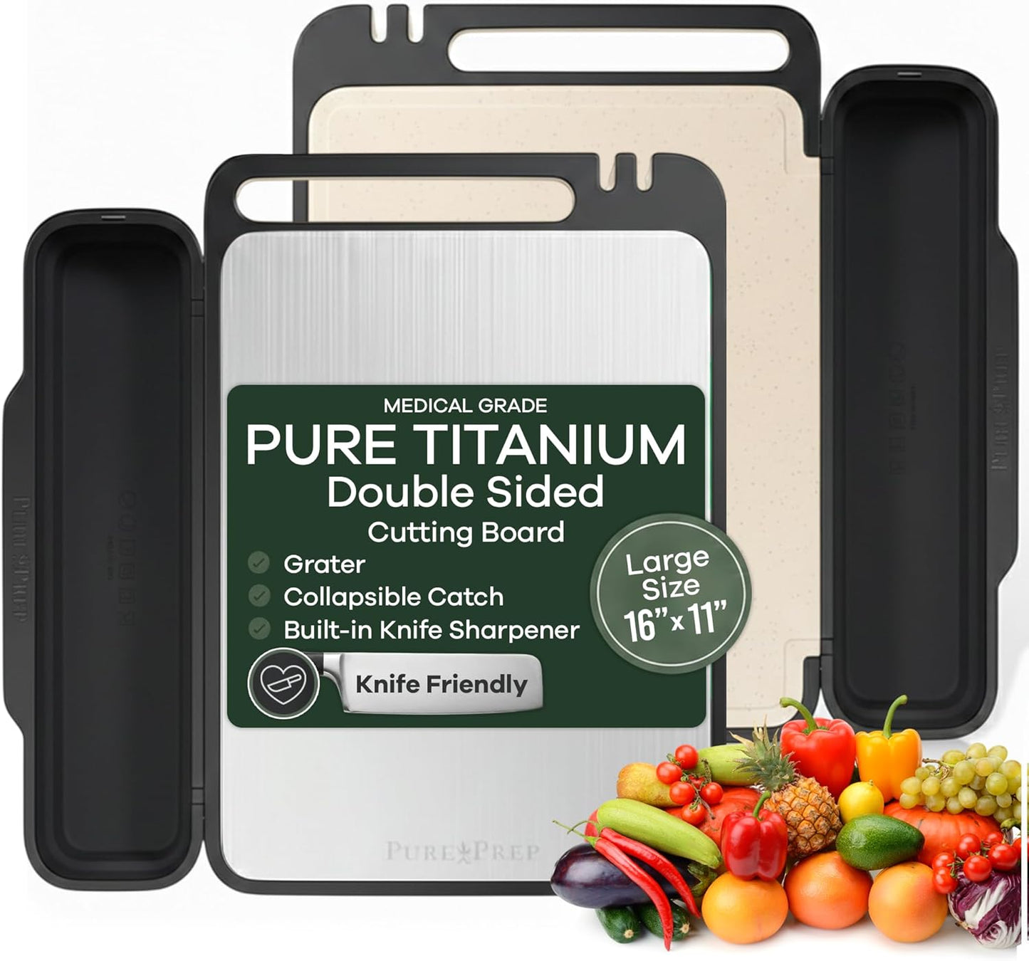 PURE-PREP Titanium Cutting Board - Double-Sided Design with Titanium Cutting Board and Wheat Straw PP for Kitchen Use - Chopping Board with Collapsible Catch, Grater, Knife Sharpener - Large 16”x11”