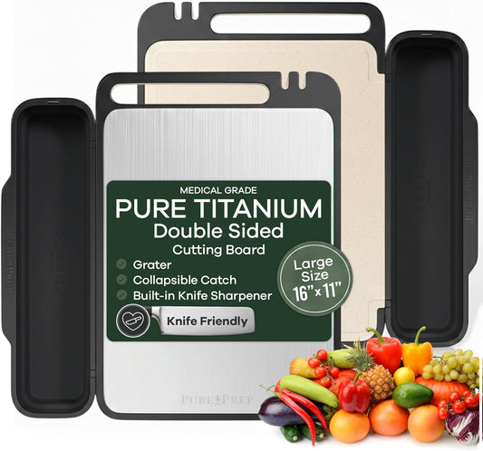 PURE-PREP Titanium Cutting Board - Double-Sided Design with Titanium Cutting Board and Wheat Straw PP for Kitchen Use - Chopping Board with Collapsible Catch, Grater, Knife Sharpener - Large 16”x11”