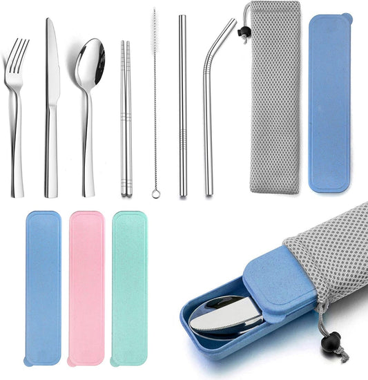 HaWare Portable Travel Utensils with Case, Stainless Steel Silverware Set for Camping Office School Lunch, Including Knife Fork Spoon Chopsticks, Reusable and Dishwasher Safe(Green)