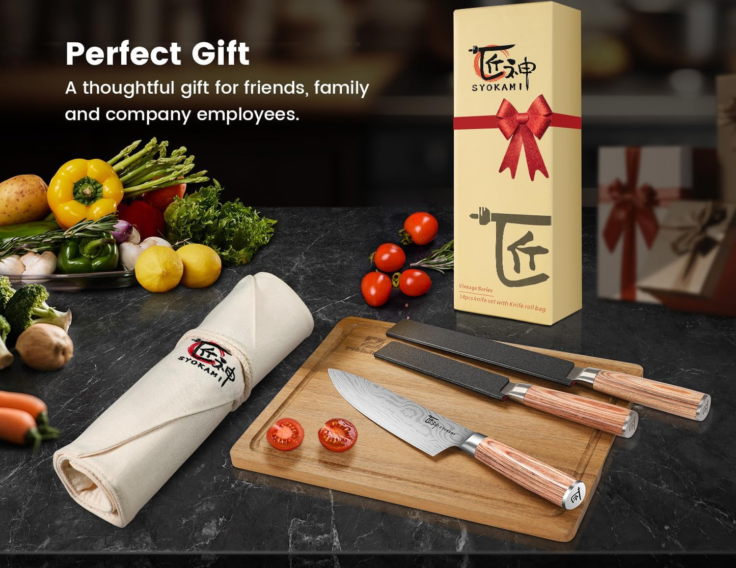 SYOKAMI 14pcs Chef Knife Set with Roll Bag, Professional Stainless Steel Japanese Knife Set with Pakkawood Handle for Professional Chef, Camping, Travel, BBQ, RV or Gift
