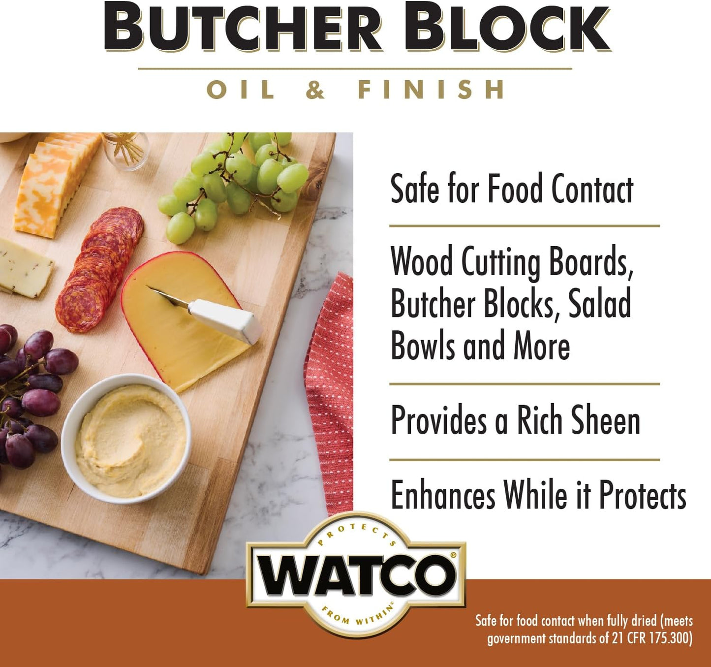 Watco Butcher Block Oil & Finish | Safe For Food Contact | Easy Wipe‑On Application | Oil Sheen Enhances and Protects | Clear | Pint