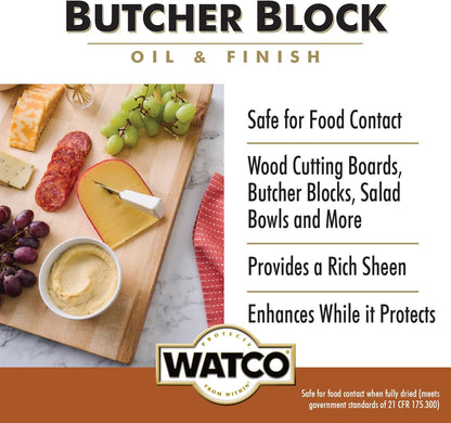 Watco Butcher Block Oil & Finish | Safe For Food Contact | Easy Wipe‑On Application | Oil Sheen Enhances and Protects | Clear | Pint
