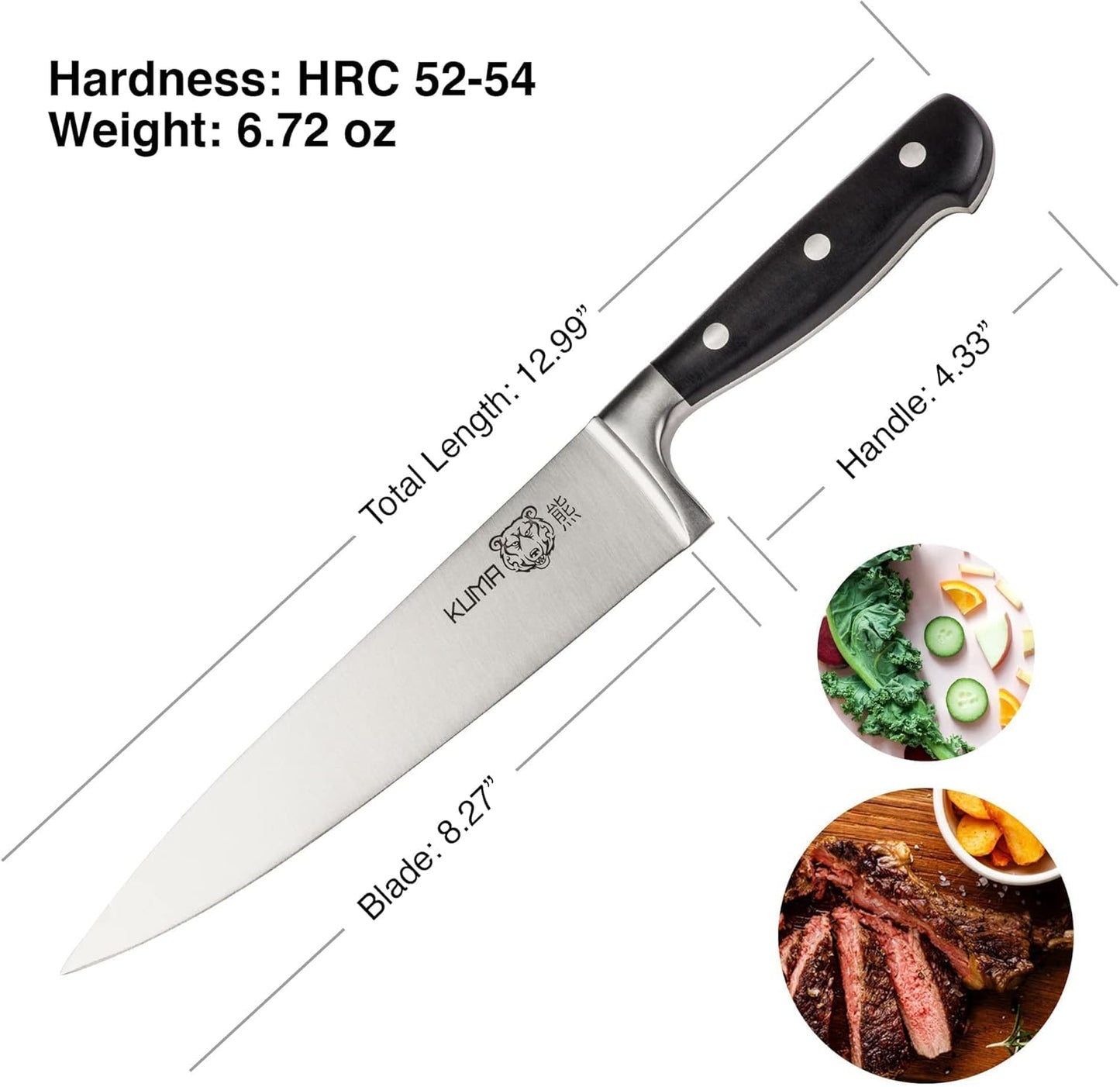 KUMA 8-Inch Multipurpose Chef Knife, razor sharp stainless steel blade, ergonomic handle for precision cutting, gift-ready for foodies