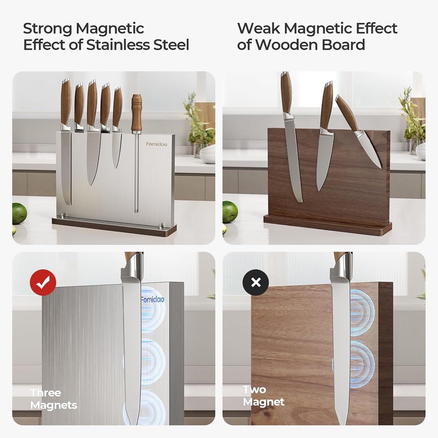 Magnetic Knife Block Stand Without Knives Double Sided Magnetic Knife Holder Rack for Kitchen Counter Stainless Steel Knife Magnetic Strip Display Stand Storage Organizer with Wood Base