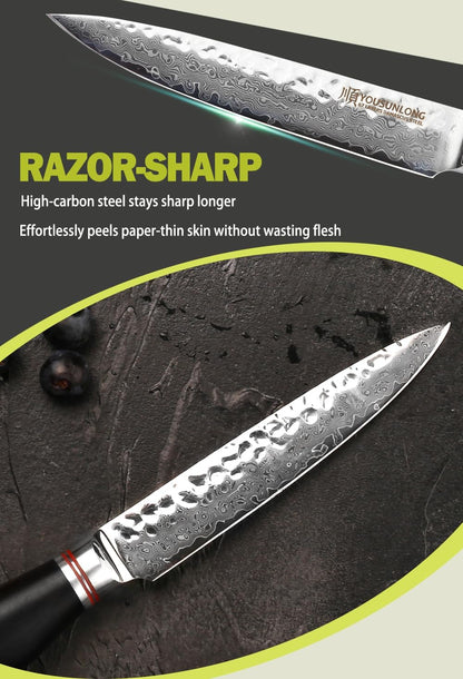 YOUSUNLONG Utility Knife Kitchen 5 Inch Petty Knife - Japanese Hammered Damascus Steel - Razor Sharp Blade - Natural Walnut Wooden Handle