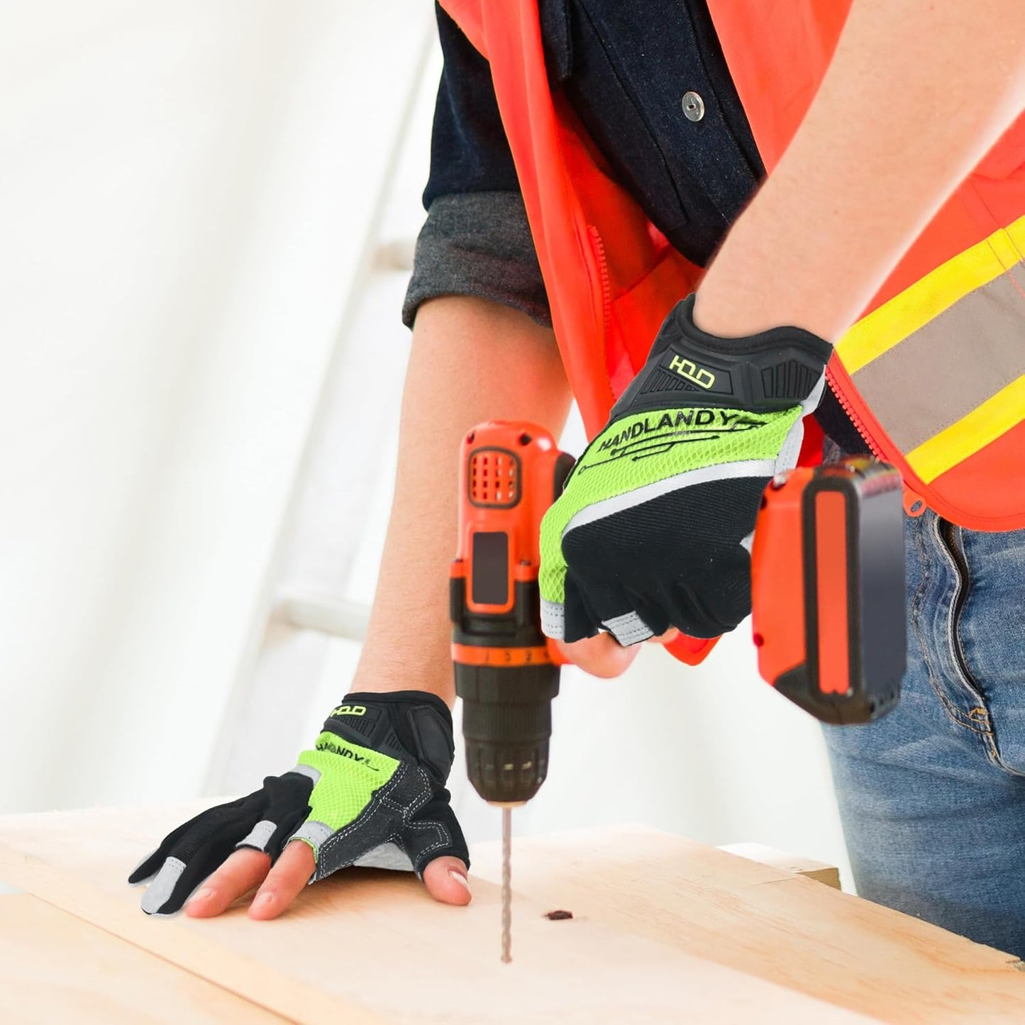 HANDLANDY Fingerless Work Gloves for Men Utility Padded Half Finger Driving Working Gloves (Large, Green)