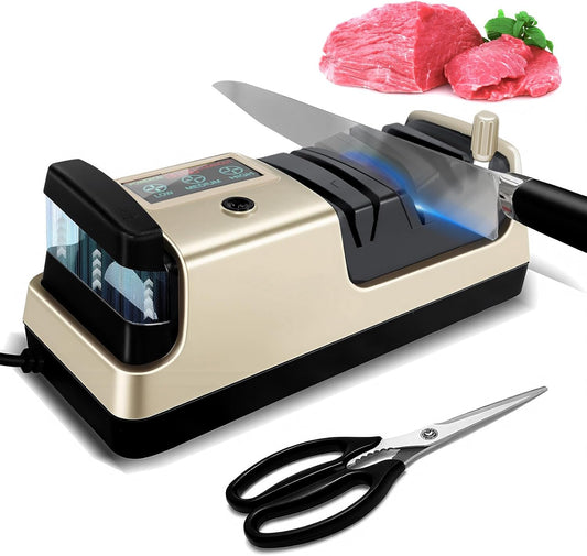 Electric Knife Sharpener, 5 in 1 Multifunctional 3-Speed Variable Professional Knife Sharpener with LCD Screen for Straight, Serrated, Meat Cleaver, Ceramic Knives, Scissors & Axes, Gray
