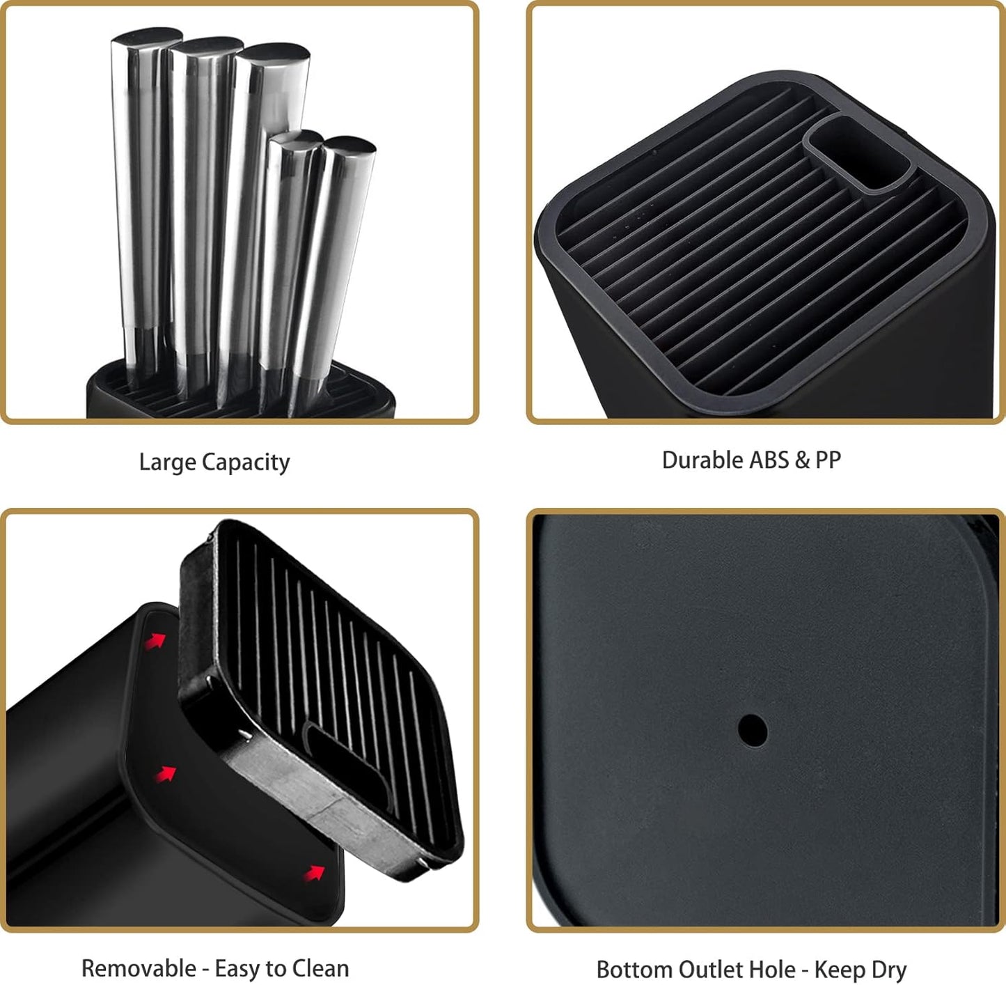 Universal Knife Block for Kitchen, Stainless Steel Knife Storage Holder with Slots for Scissors and Sharpening Rod, Detachable Knife Organizer Stand, Unique Design to Protect Blades, Dishwasher Safe