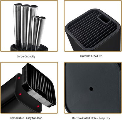 Universal Knife Block for Kitchen, Stainless Steel Knife Storage Holder with Slots for Scissors and Sharpening Rod, Detachable Knife Organizer Stand, Unique Design to Protect Blades, Dishwasher Safe