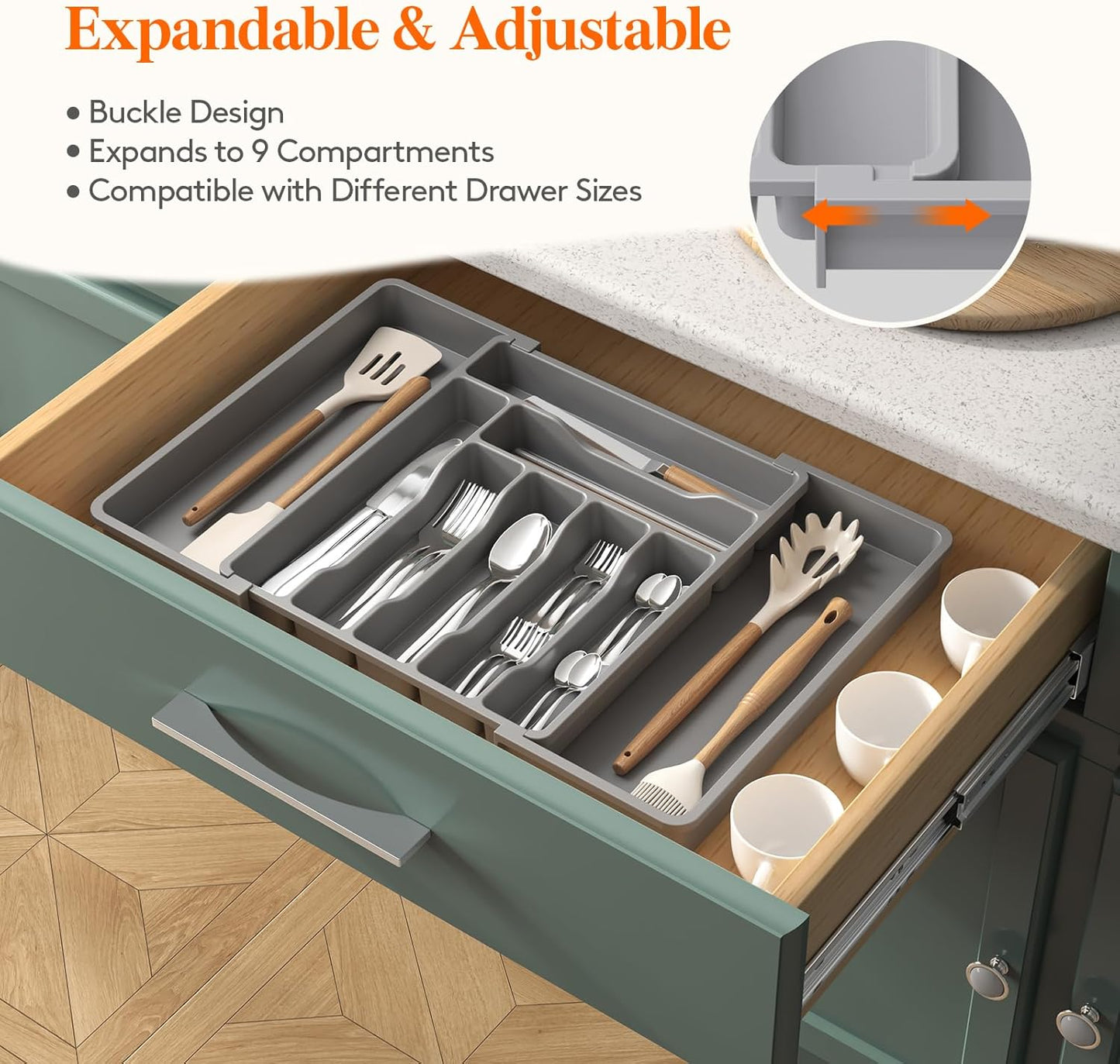 Lifewit Utensil Organizer for Kitchen Drawer, Expandable Cooking Silverware Tray, Adjustable Cutlery Flatware Holder, Plastic Spatula Tools Storage Divider, 14.4 x 15.8", Black