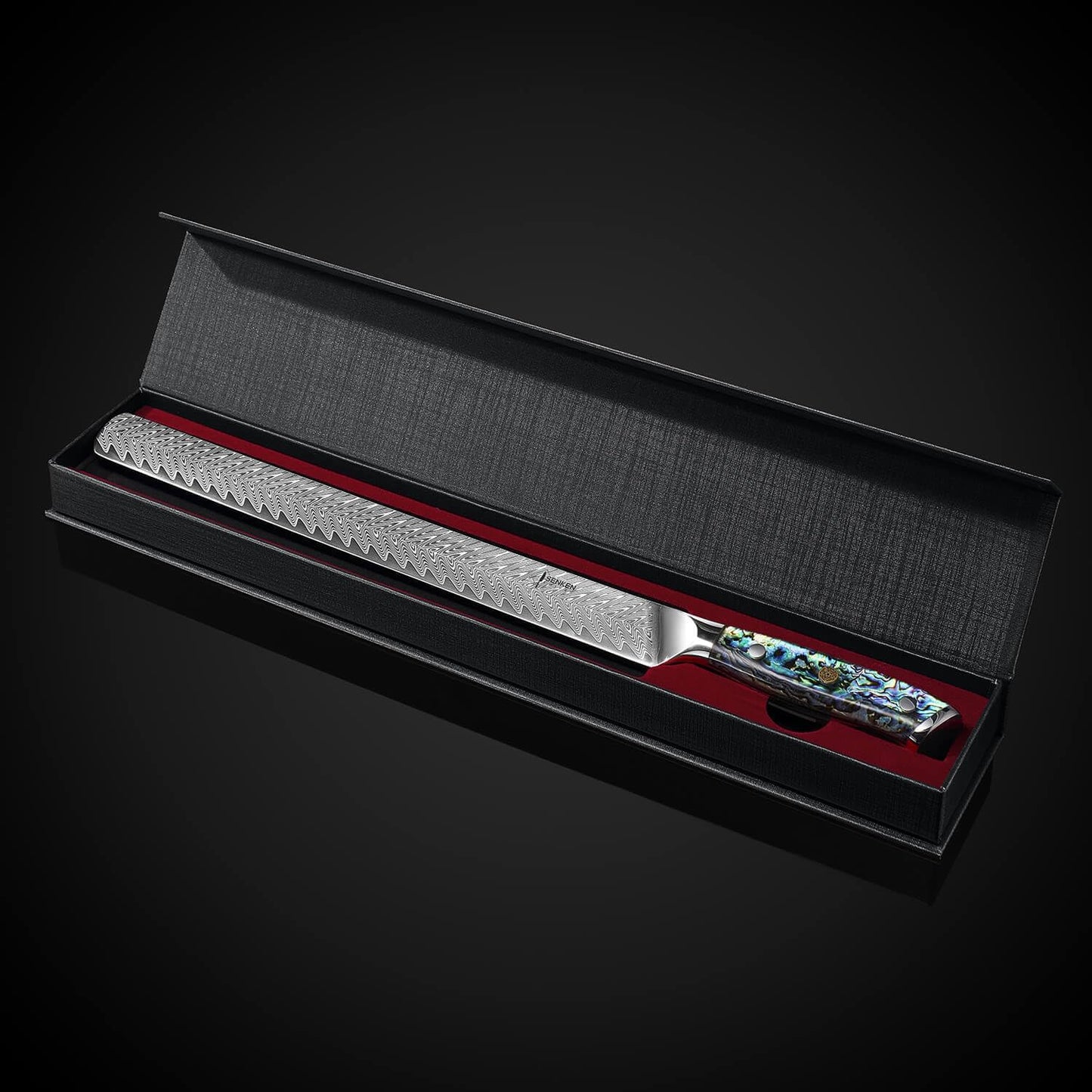 SENKEN 12" Damascus Steel Brisket Knife - Umi Collection - 67-Layer Japanese VG10 Steel with Deep Sea Abalone Shell Handle - Ultra Sharp Carving Knife for Brisket, Meat, Roasts, and Large Fruit (12")
