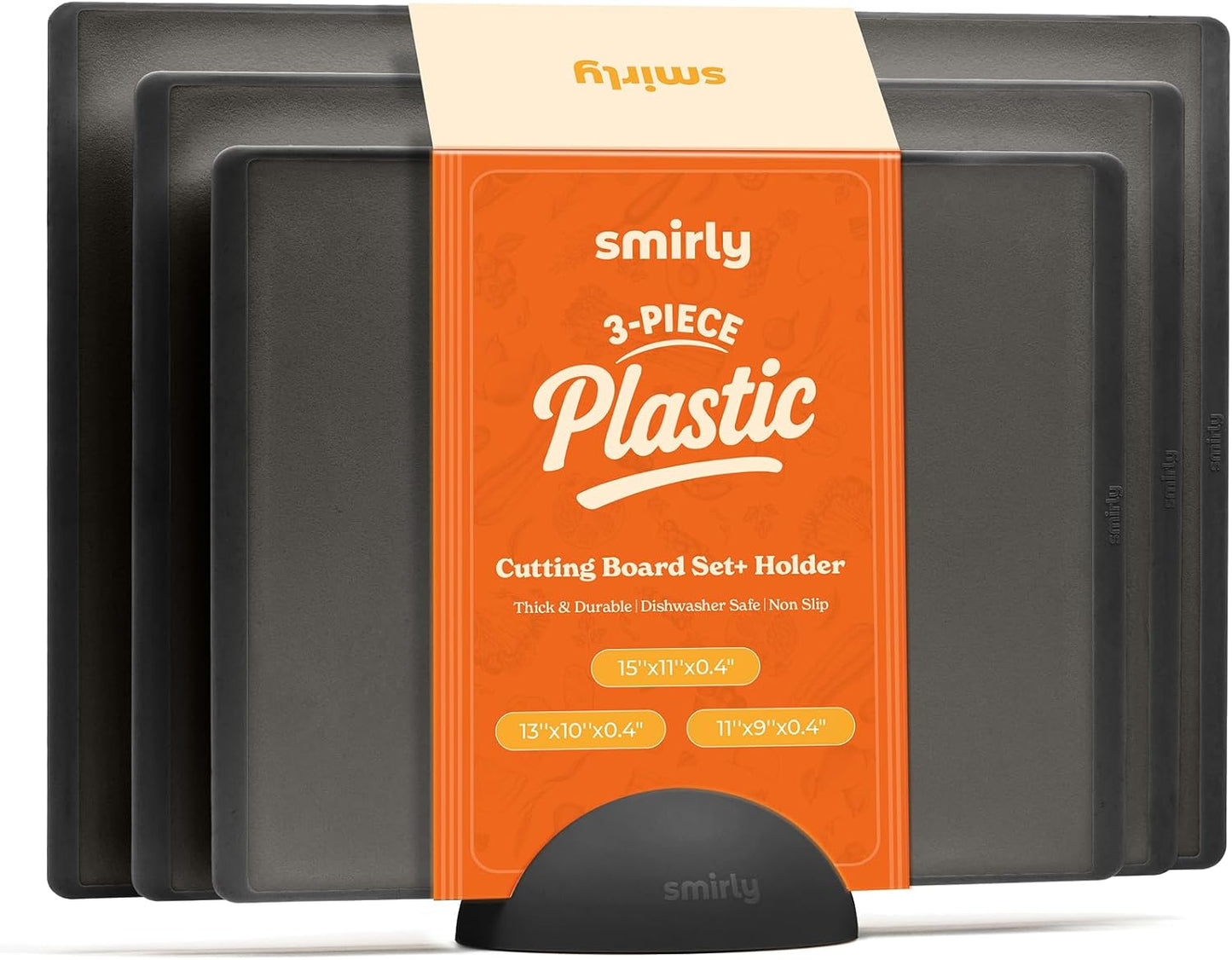 SMIRLY Plastic Cutting Board Set with Holder 3 Pieces, Non-Slip Dishwasher Safe Chopping Boards for Kitchen, Black & White